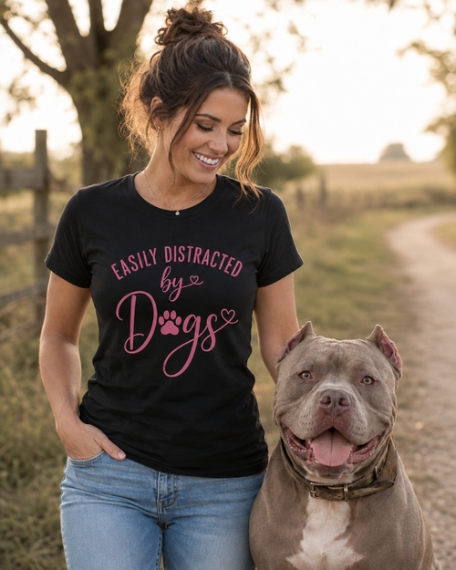 Dog Lover T-Shirt — "Easily Distracted by Dogs" Cute Pink Paw Graphic