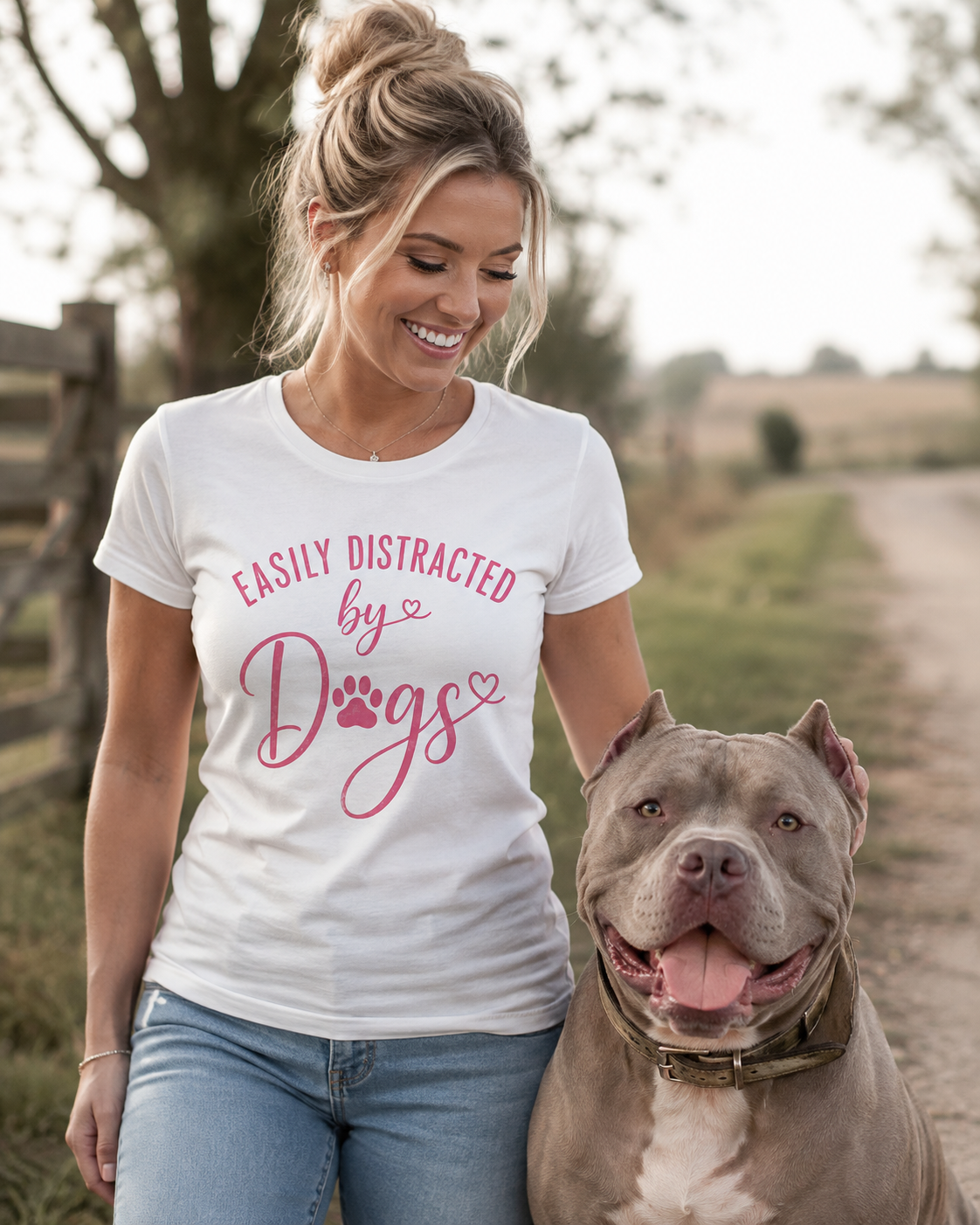 Dog Lover T-Shirt — "Easily Distracted by Dogs" Cute Pink Paw Graphic